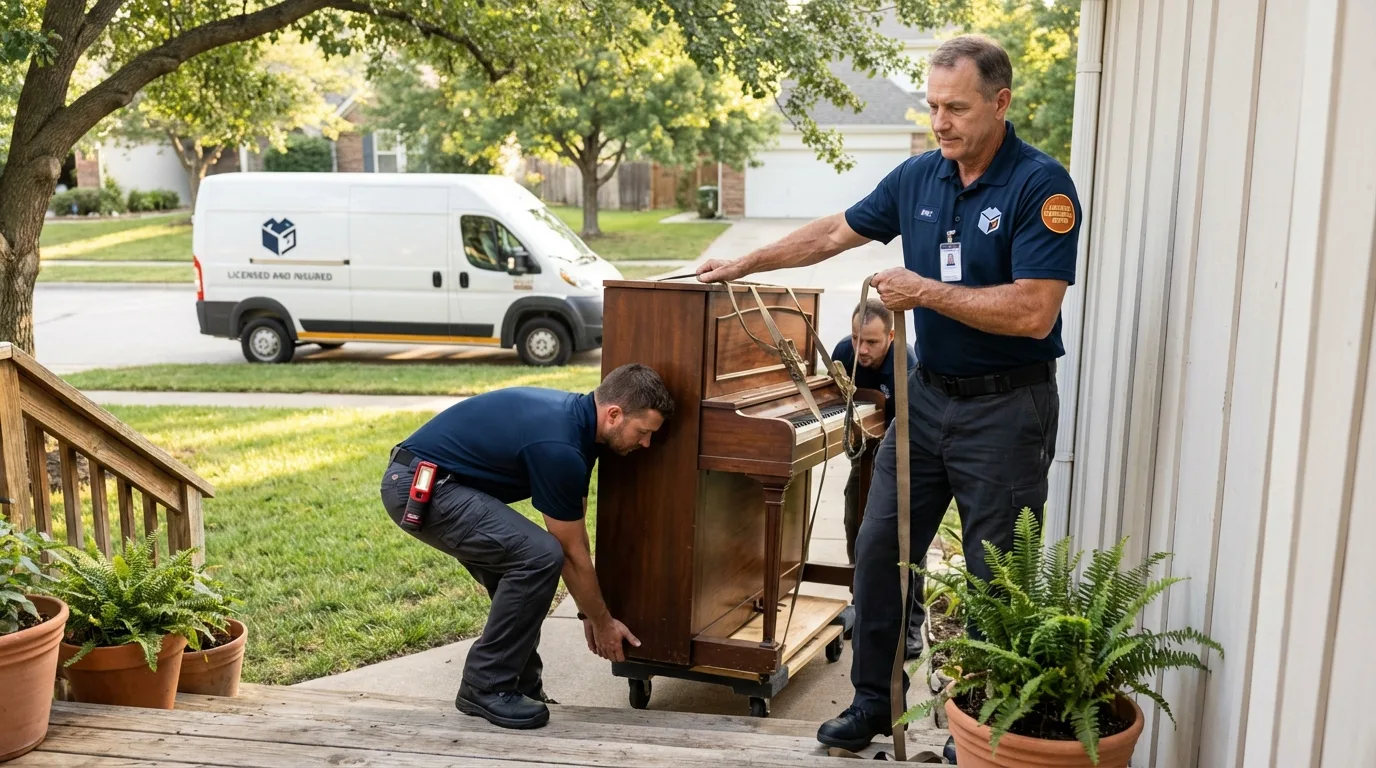 Licensed piano movers securing grand piano in Garland, UT
