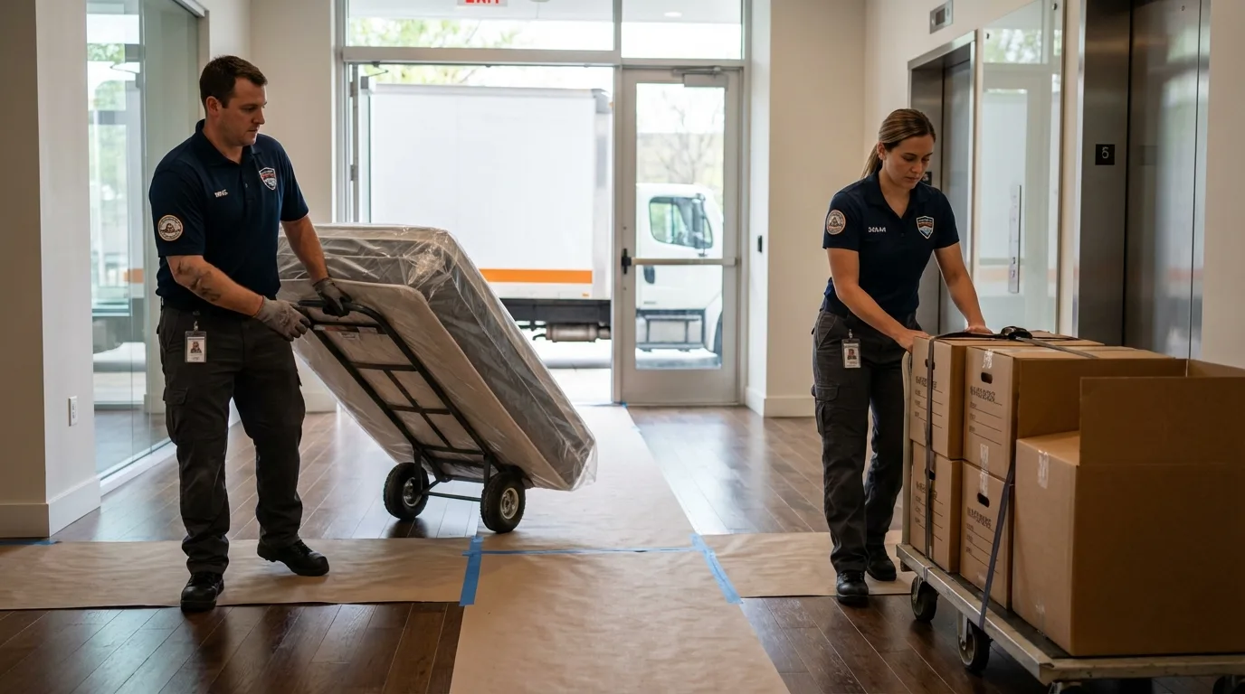 Professional apartment movers loading elevator in Garland, UT